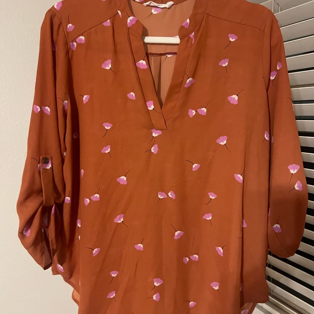 Lush Rust Blouse with Pink Floral Design